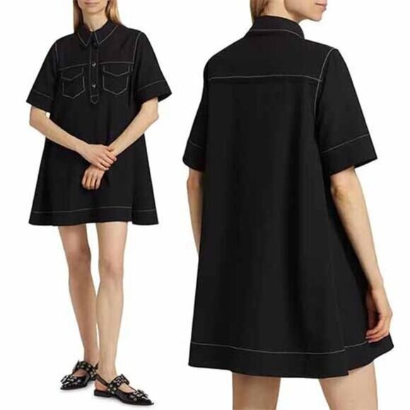NWT Ganni Sable Topstitch Crepe Swing Spread Collar Button Mini Dress Black Sz 4 - Picture 2 of 9